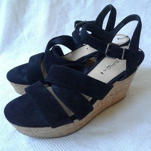 Via Spiga Wedges Sandals Black Suede Ankle Buckle